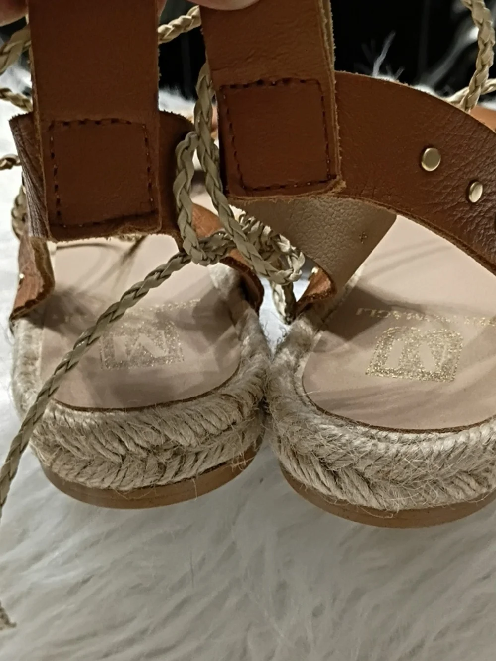 Bruno Magli Perla Tan Leather Espadrille Sandals with Gold Studs New With Flaws